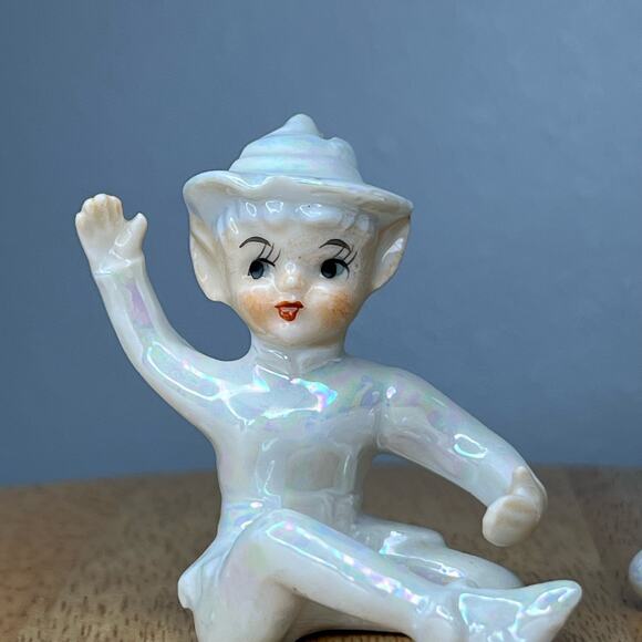 Vintage LEFTON Iridescent Lusterware Porcelain Elf Pixie Candle Hugger Set of 2 - Picture 5 of 10